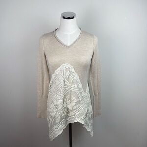 Angel Of The North Anthropologie Cream Tan White Lace Long Sleeve Sweater Women